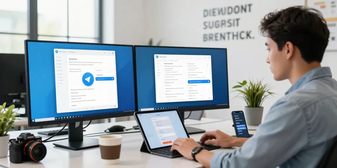 Experience seamless communication with Telegram Download on various devices in a modern tech workspace.