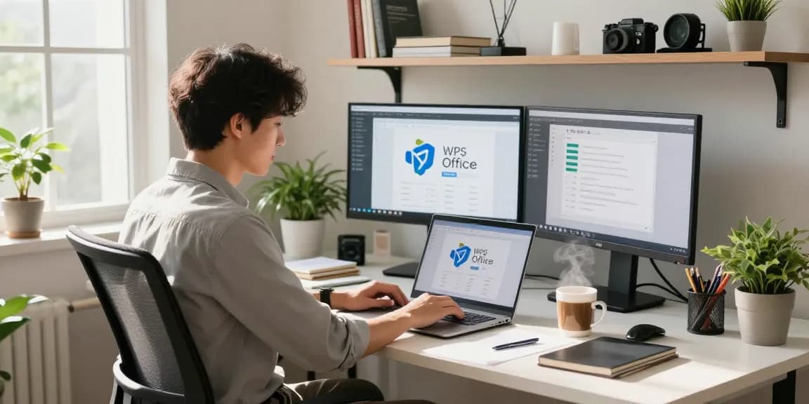 Download WPS Office installation in a bright home workspace with a laptop and productivity tools.