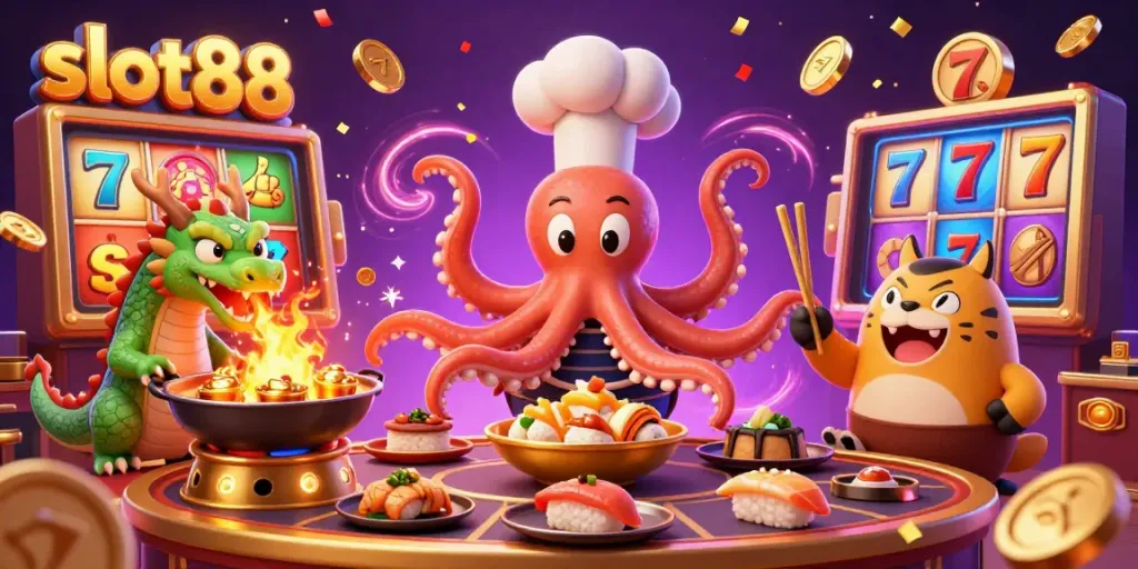 Experience slot88 excitement with a vibrant scene of a sushi chef octopus and jackpot dragon.
