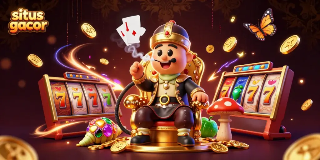 Experience the thrill of winning at situs gacor with a vibrant 3D illustration of a cartoon caterpillar master amidst slot game elements.