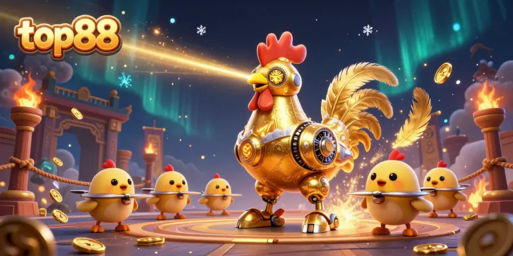 Engage with the vibrant world of top88, featuring a golden rooster robot and baby chick drones in a thrilling casino arena.
