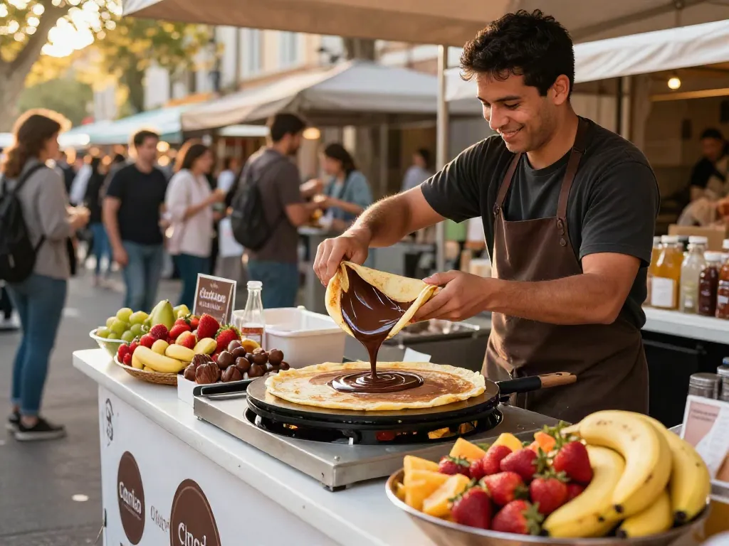 Delicious crepes with dark chocolate prepared at https://dcrepes.org in a lively street food market.