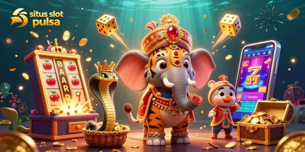 Experience the excitement of situs slot pulsa with a vibrant casino scene featuring rich elements and winning symbols.