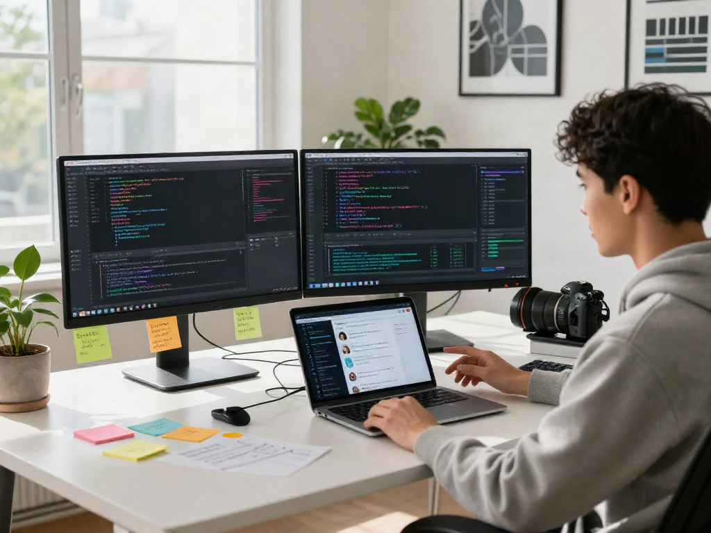 Developer in a vibrant tech workspace using CrushOn AI tools for innovative software development.