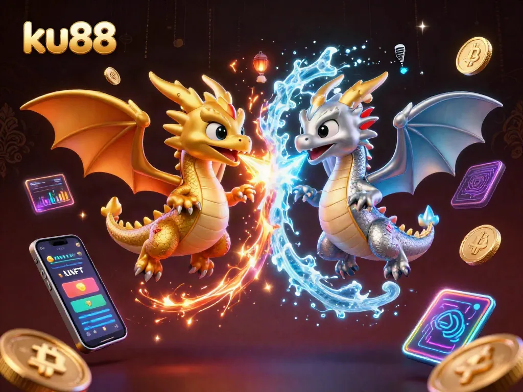 ku88 showcases exhilarating gaming with 3D dragons and cryptocurrency elements soaring in a dynamic casino scene.