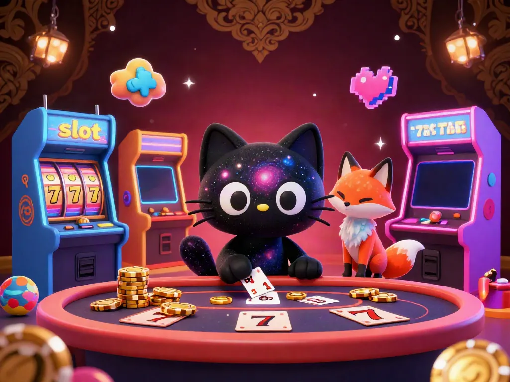Experience the thrill of slot gaming with a cosmic cat at a casino table, winning big!
