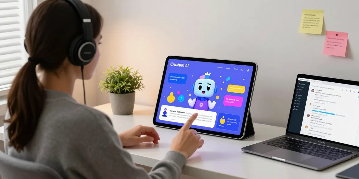 Experience engaging interactions with Crushon AI in a modern workspace, showcasing colorful chatbots and user-friendly interfaces.