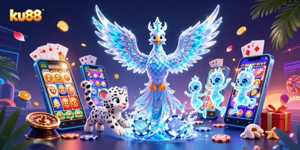 ku88 players enjoy exciting slot games with colorful visuals and glowing characters in this vibrant casino scene.