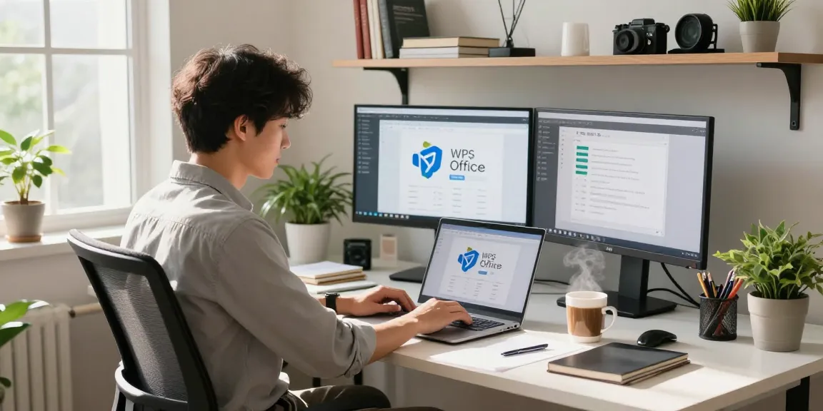 Download WPS Office installation in a bright home workspace with a laptop and productivity tools.