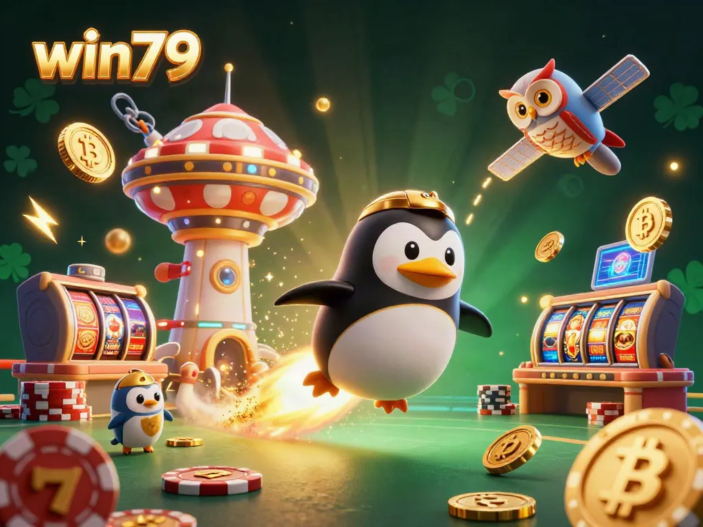 Experience the thrill of win79 with a golden penguin soaring through a casino-themed universe.
