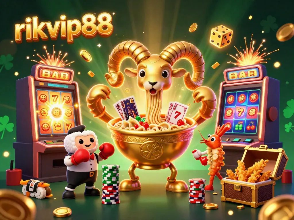 Experience excitement at rikvip88 with a lively casino scene featuring cartoon characters and slot machines.