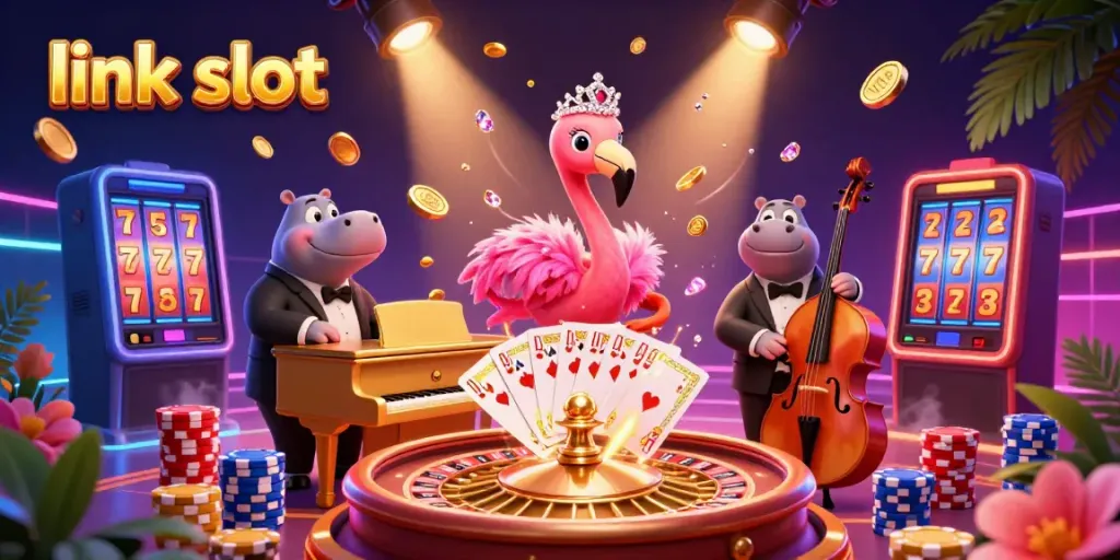 Experience the thrill of link slot gaming with floating coins and vibrant characters in a lively casino.