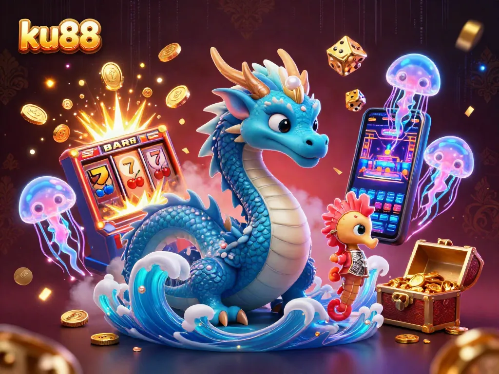 ku88 players engage with stunning slot machines and vibrant sea creatures in a dynamic casino scene