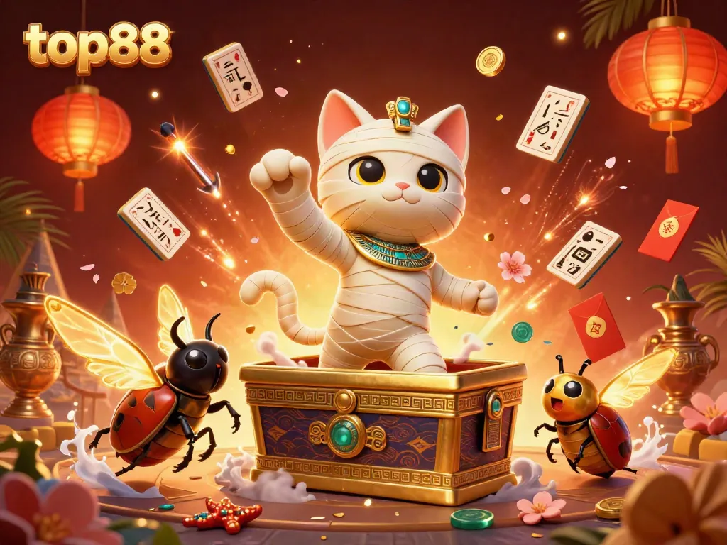 top88 captivating casino scene featuring a mummy cat, scarab, and floating gaming elements.