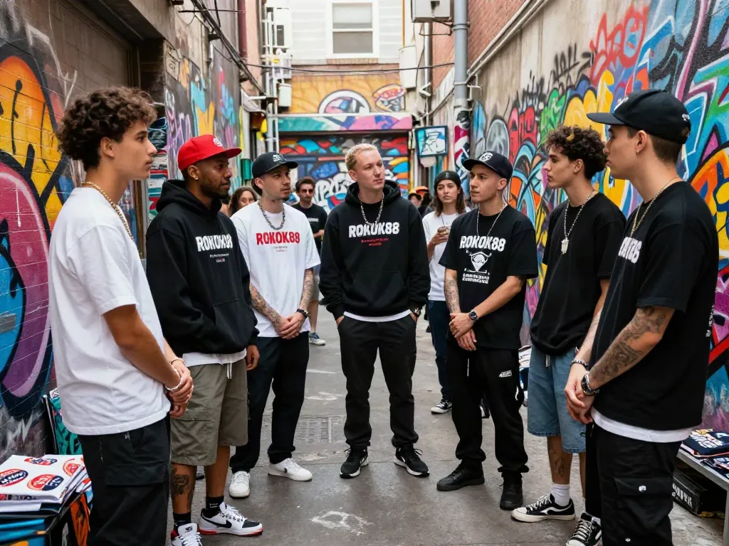 Fans showcasing rokok88 link merchandise in vibrant urban setting