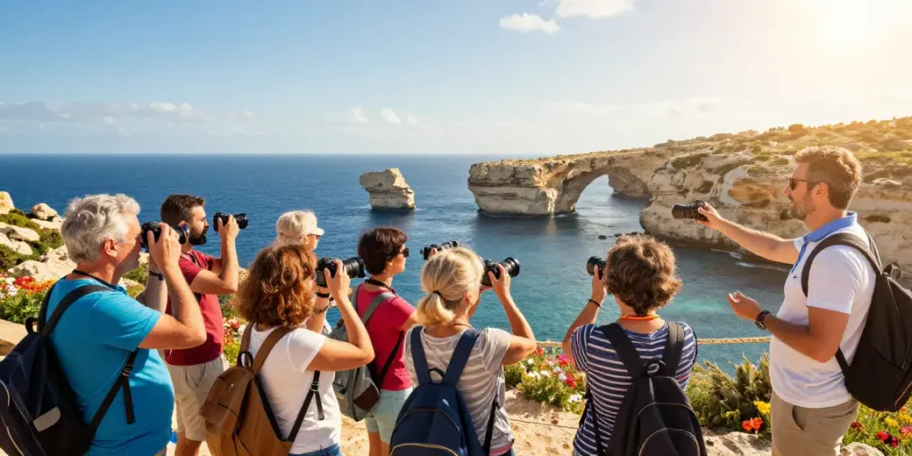 Group of tourists on a Gozo tour enjoying views of Azure Window.