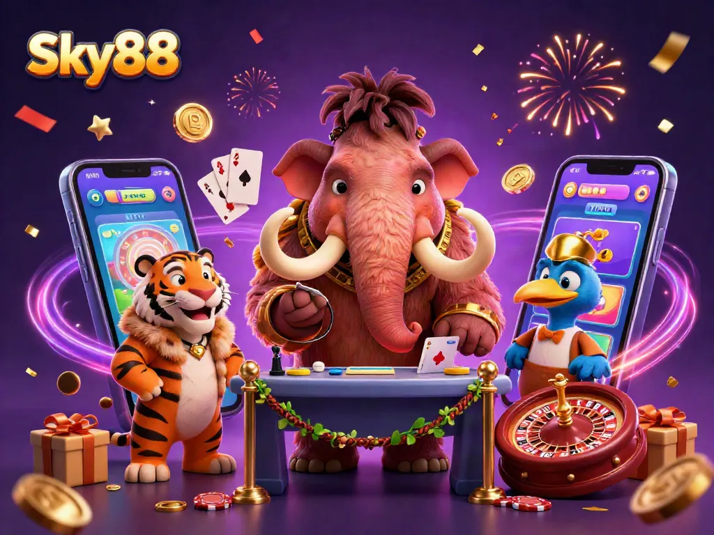 Bet at Sky88 with a vibrant casino scene featuring a woolly mammoth bouncer, saber-tooth VIP, and dodo doorman.